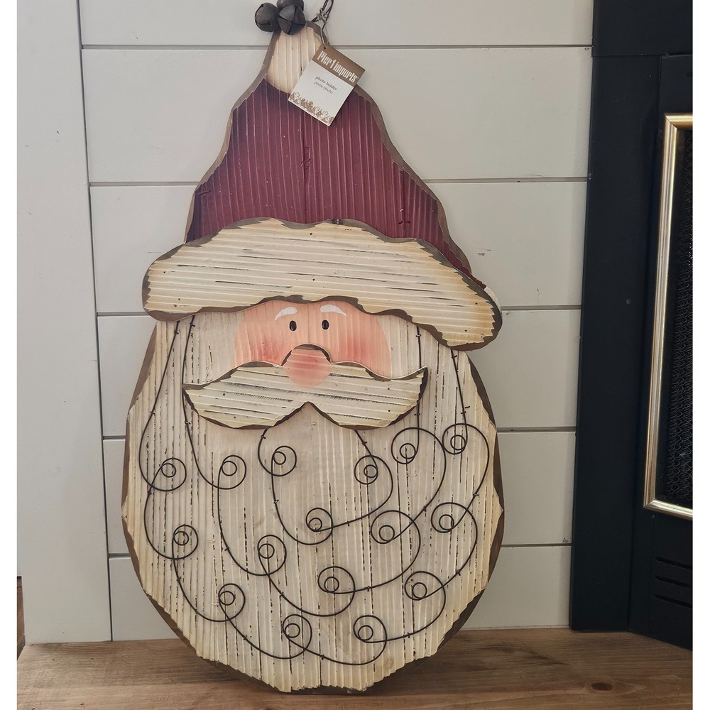 Vintage Pier 1 Imports Santa Photo Holder Wall Decor Rustic Wood Metal Christmas